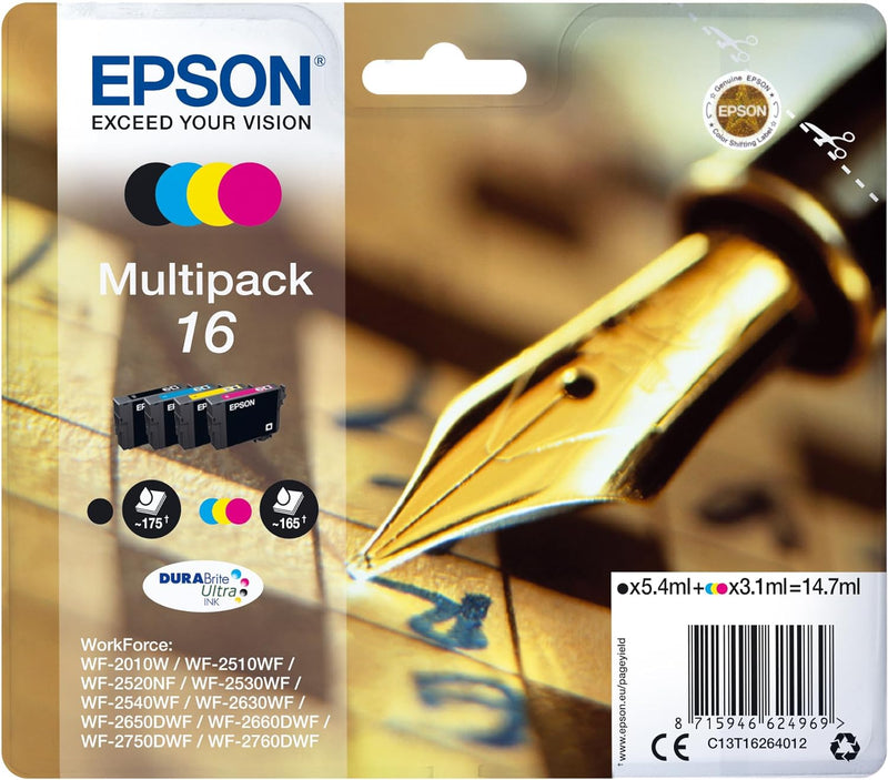 Epson Original 16 Tinte Füller (WF-2630WF, WF-2650DWF, WF-2660DWF, WF-2750DWF, WF-2760DWF), Multipac