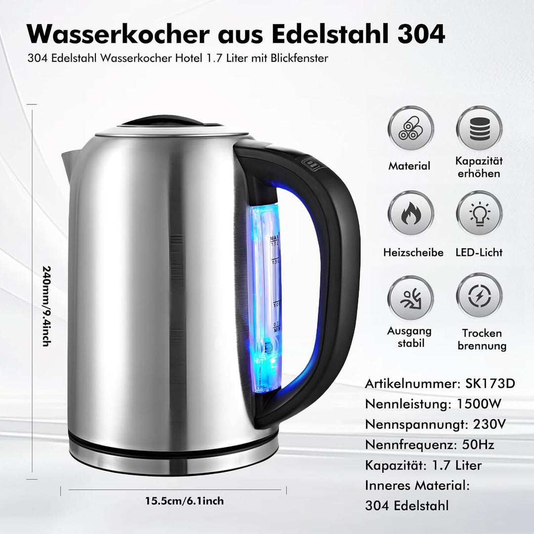 Wasserkocher mit Temperatureinstellung (45°C-90°C) Wasser Kocher Edelstahl 1,7 Liter Teekocher 100%