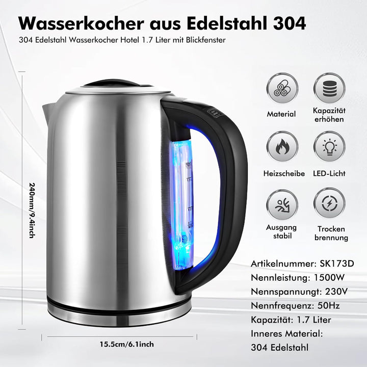 Wasserkocher mit Temperatureinstellung (45°C-90°C) Wasser Kocher Edelstahl 1,7 Liter Teekocher 100%