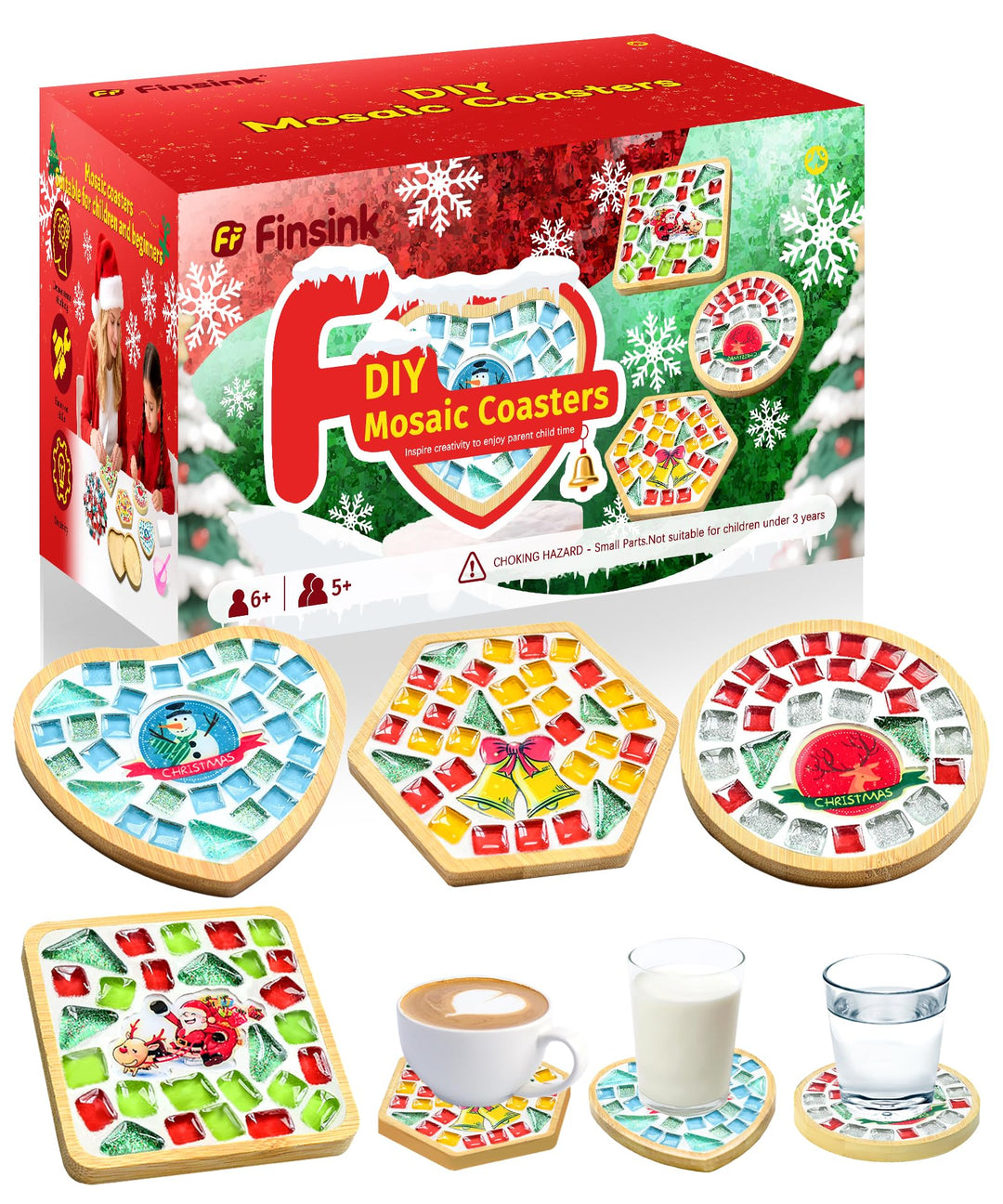 Finsink Mosaik bastelset kinder 4pcs Weihnachten Mosaik Untersetzer Bastelset DIY Holz Untersetzer S