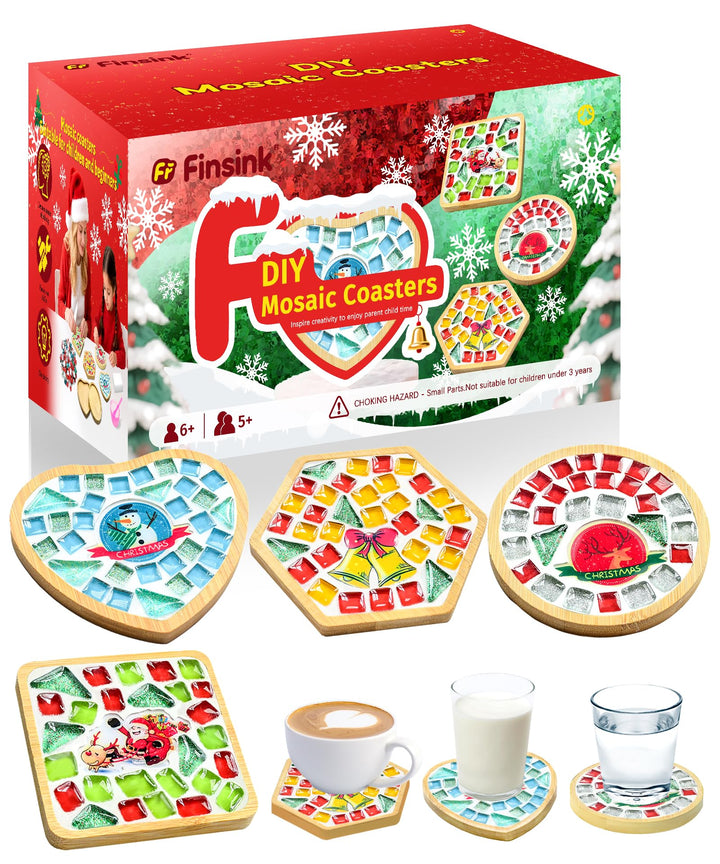 Finsink Mosaik bastelset kinder 4pcs Weihnachten Mosaik Untersetzer Bastelset DIY Holz Untersetzer S