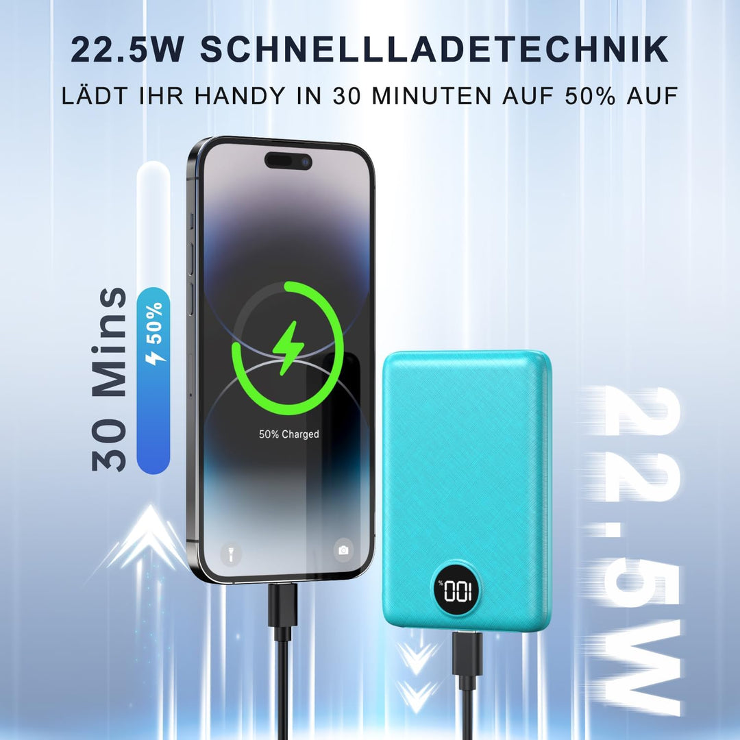 Power Bank, 22,5W Mini Powerbank 15000mAh mit USB-C Input & Output, PD 3.0 QC 3.0 Externe Handyakkus