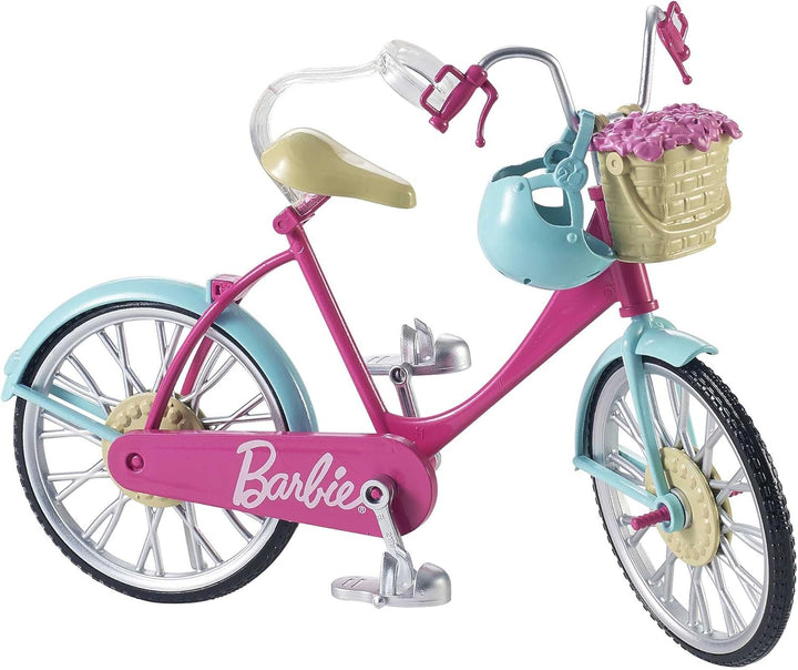 Barbie-Fahrrad, Fahrrad mit Blumenkorb, bewegliche Räder, rosa Fahrrad Puppe, Puppe, Geschenk für Ki