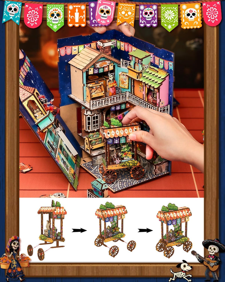 CUTEBEE Book Nook Kit - Mexikanische Festtagsstimmung DIY Puppenhaus, LED-beleuchtetes Buchregal-Dek