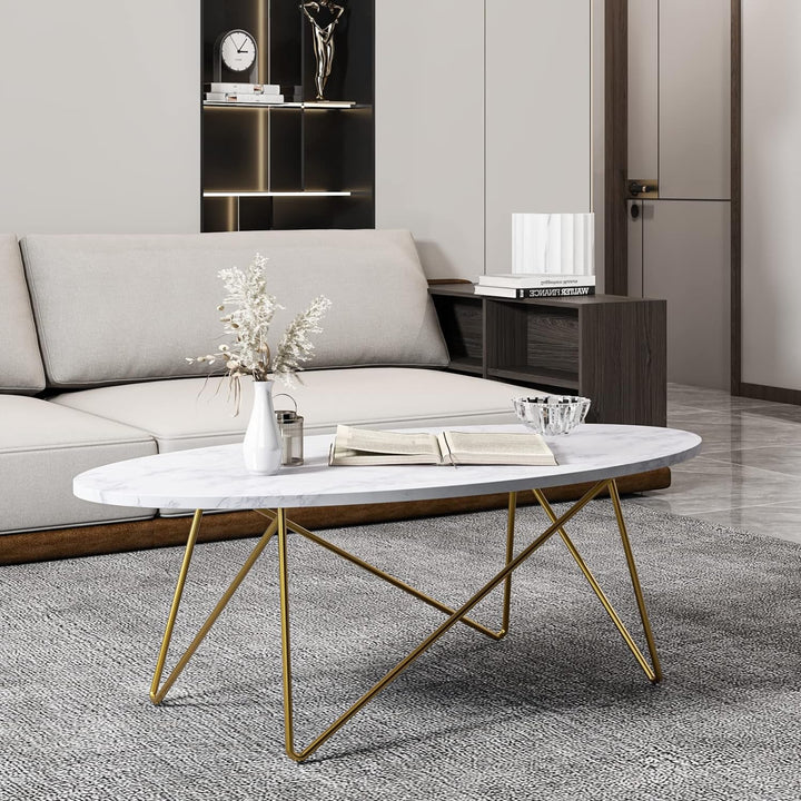 FirFurd Couchtisch Marmor Optik Beistelltisch Gold Sofatisch Oval Kaffeetisch für Wohnzimmer Schlafz