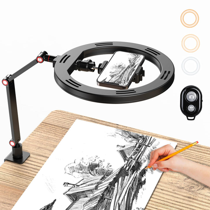 APEXEL 10" Ringlicht Mit Ständer und Telefonhalter, USB LED für Schreibtisch, Overhead Stativ Mit Ve