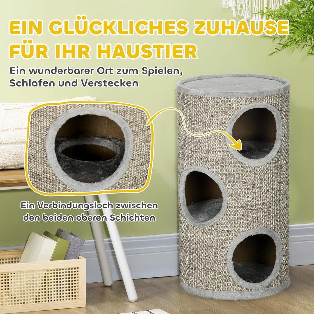PawHut Kratztonne 70 cm Hoch Ø 38 cm dreistöckige Katzentonne mit Plüschrand, Katzenhöhle, Kratzbaum