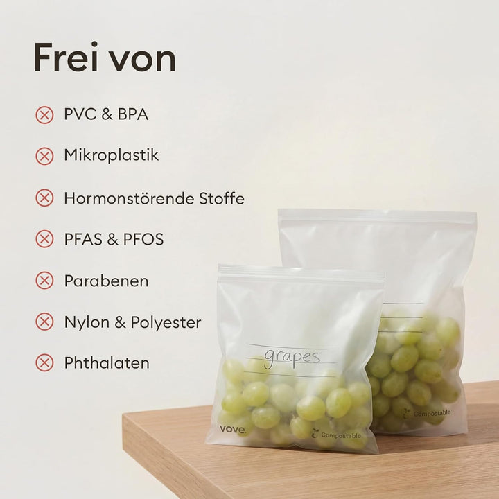 Vove kompostierbare Gefrierbeutel mit luftdichtem Zip-Verschluss, 1 L, 30 Stück - PFAS-frei, BPI-zer