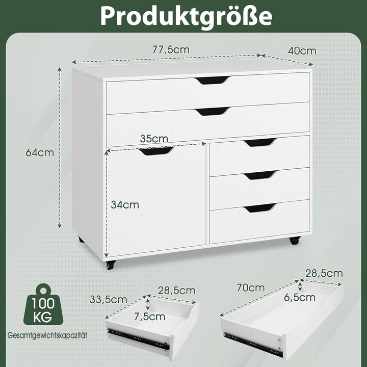 COSTWAY Rollcontainer mit 5 Schubladen Weiss, mobiler Aktenschrank mit Rollen & Tür, Schubladenschra