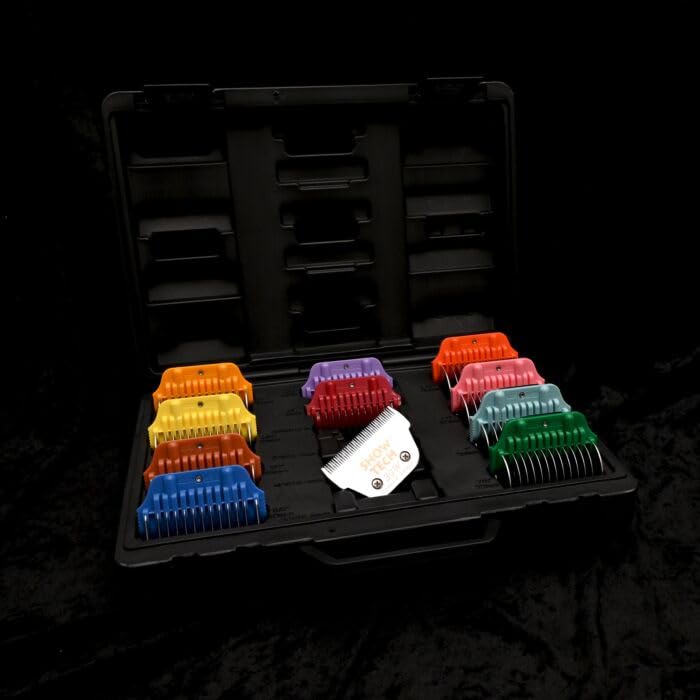 Show Tech Pro Breite Snap-on Kamm-Set aus Edelstahl – 8 Aufsteckkämme (10–38 mm) + #30W Breiter Sche
