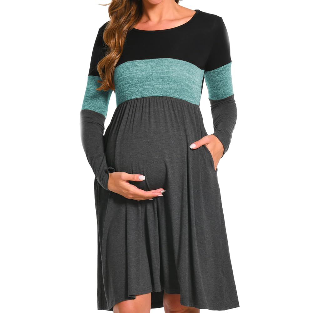 Bearsland Women’s Long Sleeve Maternity Dresses Patchwork Pregnancy Dress with Pocket M Grün, M Grün