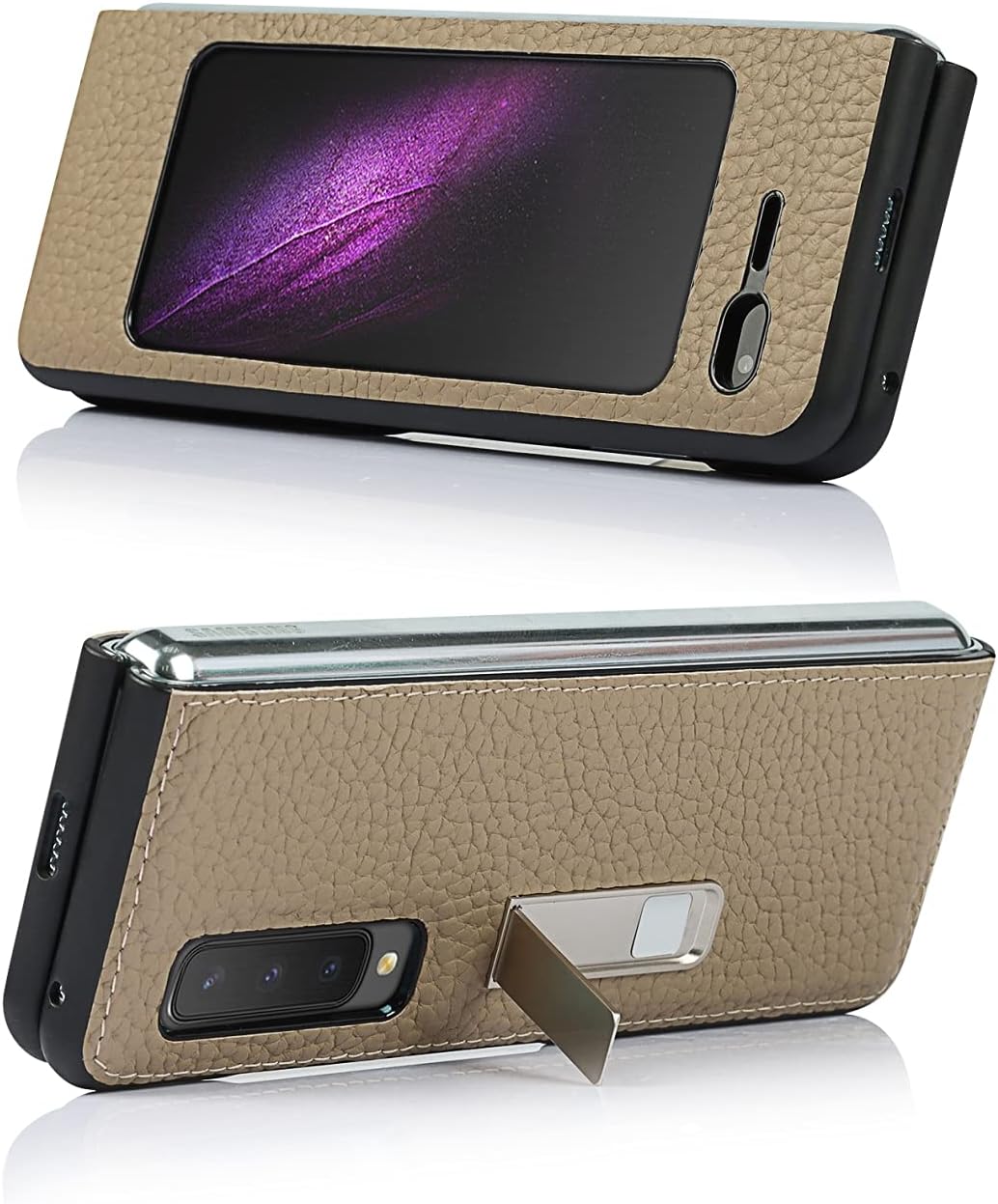 Handyhülle für Samsung Galaxy Fold, Ultradünn Luxus Litchi Korn Echtes Leder Hüllen mit Standfunktio