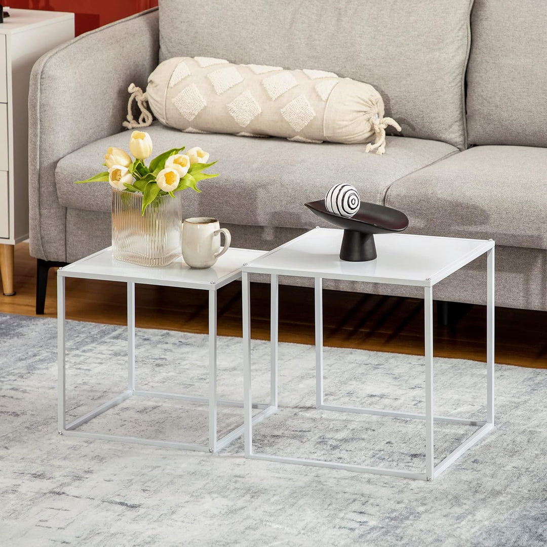 HOMCOM Couchtisch Quadratisch 2er Set, Satztisch Modern Wohnzimmertisch Stapelbar Kaffeetisch Beiste