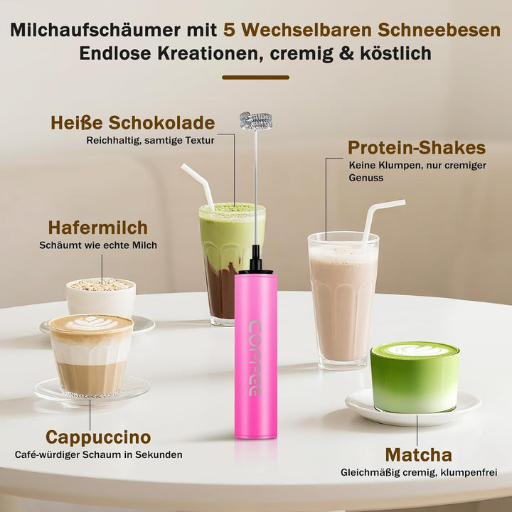 Milchschäumer Elektrisch USB-C mit 5 Wechselbaren Edelstahl-Schneebesen–2 Einstellbare Geschwindigke