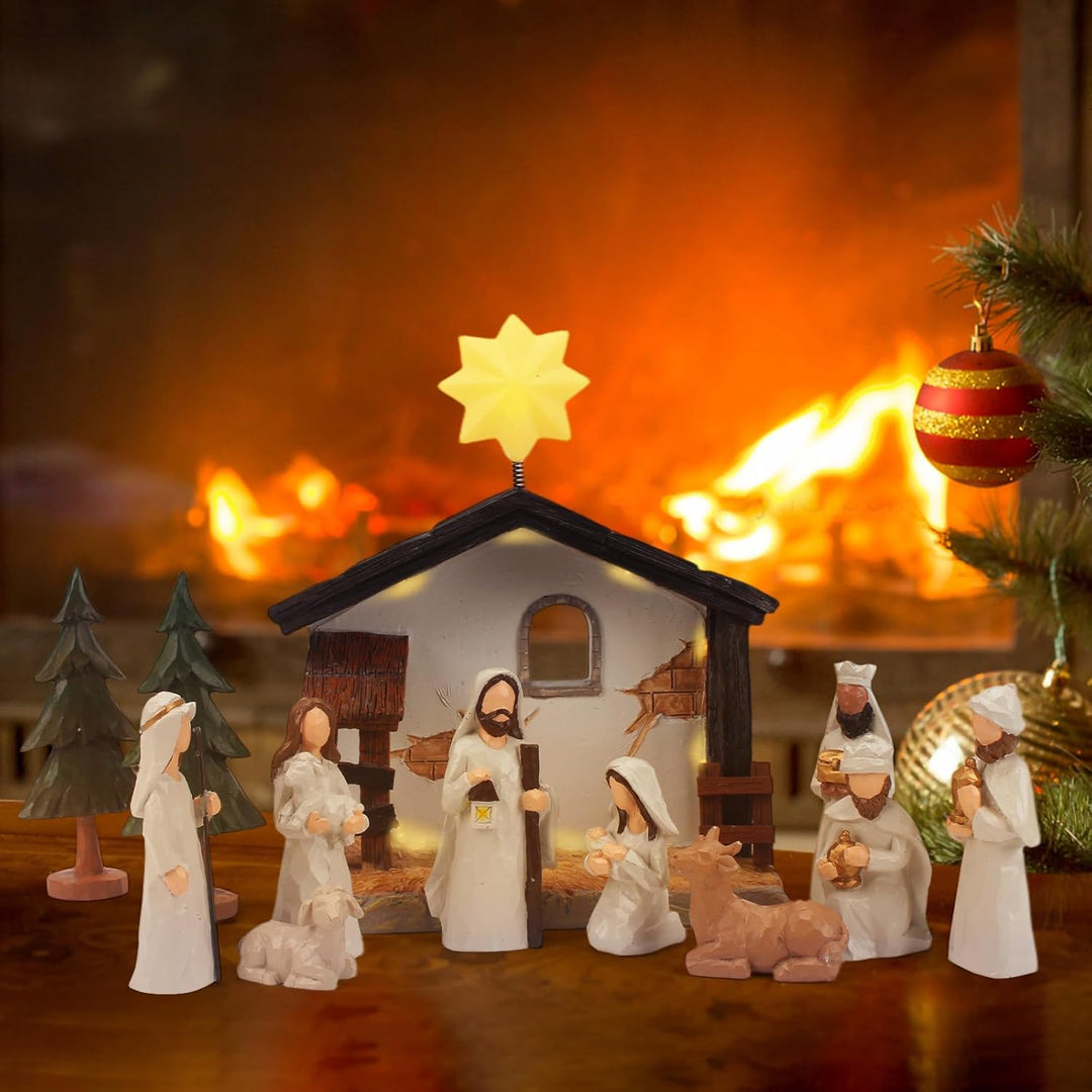 Top-spring Krippenfiguren Set, Weihnachtskrippe mit Beleuchtung, Krippe Weihnachten Komplettset, Kri