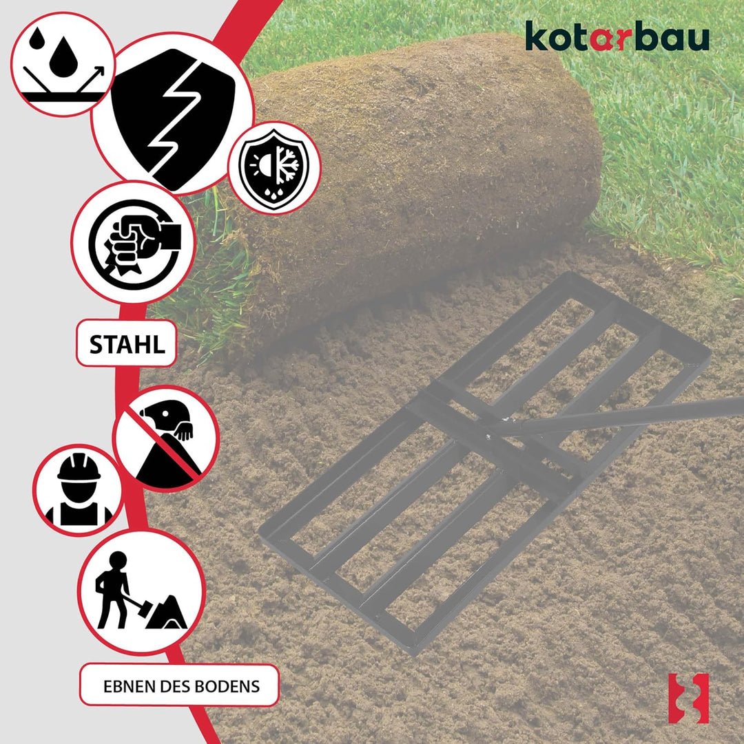 KOTARBAU® Rasenrakel - 90 x 30 cm - Rasen Nivellierrechen - mit Stahlstiel - 175 cm - Gartenwerkzeug