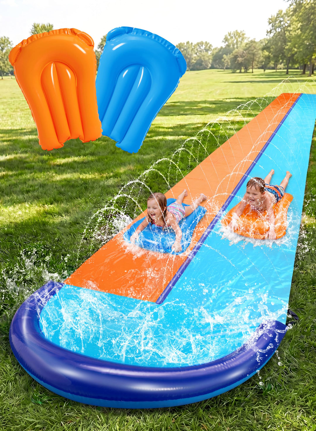 Sloosh 100 cm grosse Doppel-Wasserrutsche, robuste Rasenrutsche und Rutsche mit Sprinkler und 2 aufb