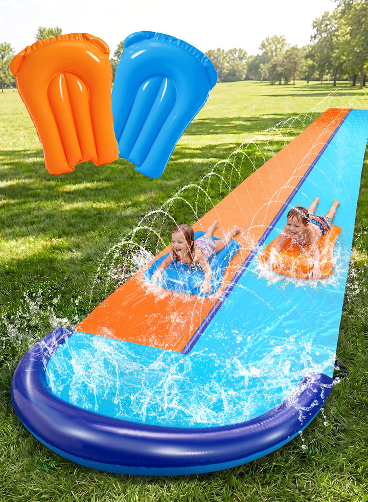 Sloosh 100 cm grosse Doppel-Wasserrutsche, robuste Rasenrutsche und Rutsche mit Sprinkler und 2 aufb
