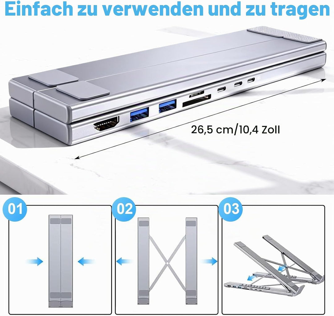 8-in-1 USB-C Laptopständer, Aluminium Laptop Ständer mit 8-in-1 USB C Dockingstation, Faltbarer Stan