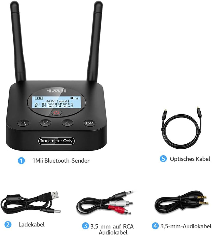 1Mii B06TX+ Bluetooth 5.3 Transmitter für TV mit Display, aptX Adaptive/HD/LL, Dual Link für 2 Kopfh