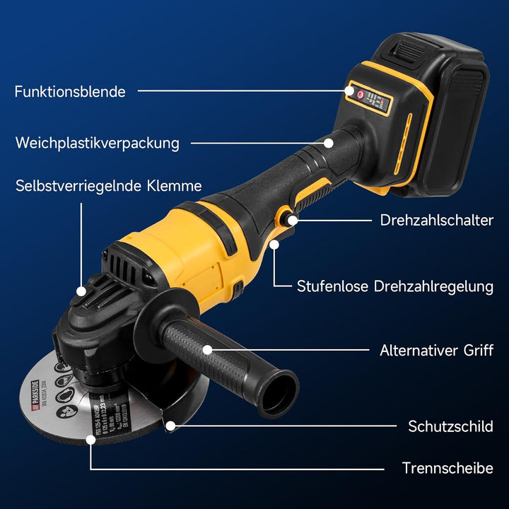 Akku Winkelschleifer 1500W,Ø125mm Scheibendurchmesser,30000RPM Winkelschleifer mit 3 Drehzahlstufen,
