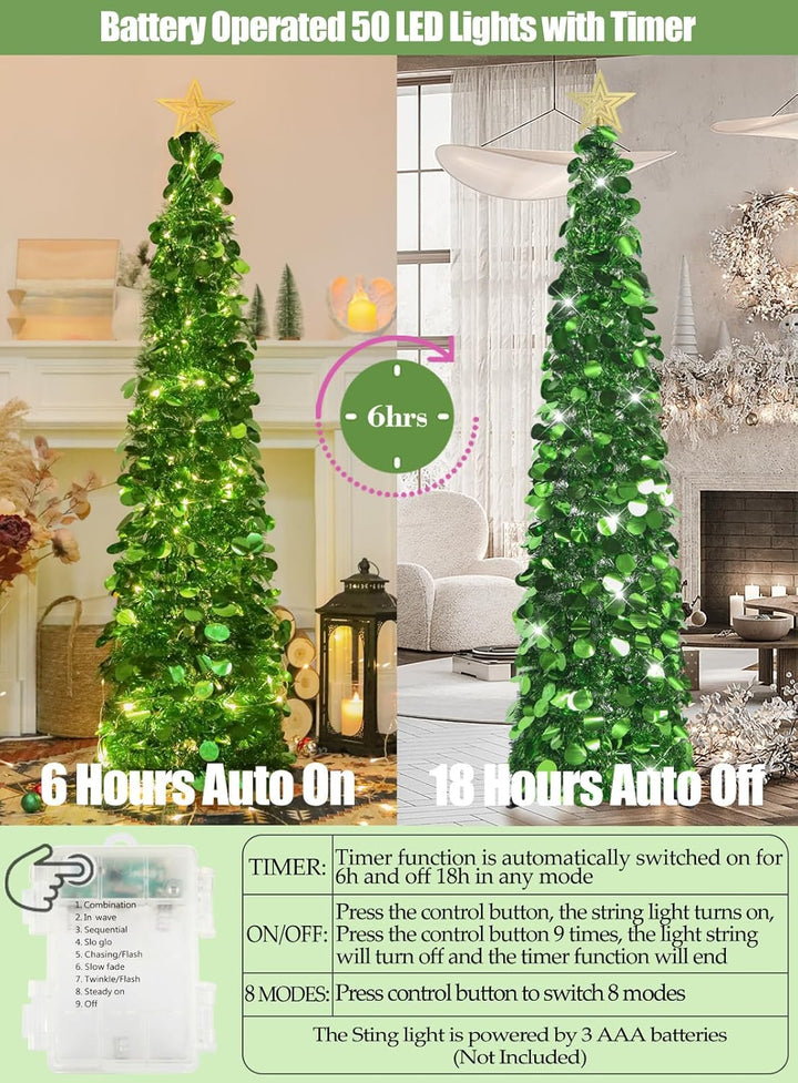 HMASYO 150 cm Pop-Up Lametta Weihnachtsbaum mit 50 Timer-Lichtern, Grün Zusammenklappbarer Künstlich