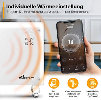 TRESKO® Glaskonvektor 1500W APP WiFi Funktion | Elektroheizung Glasheizung elektrisch | Konvektor He