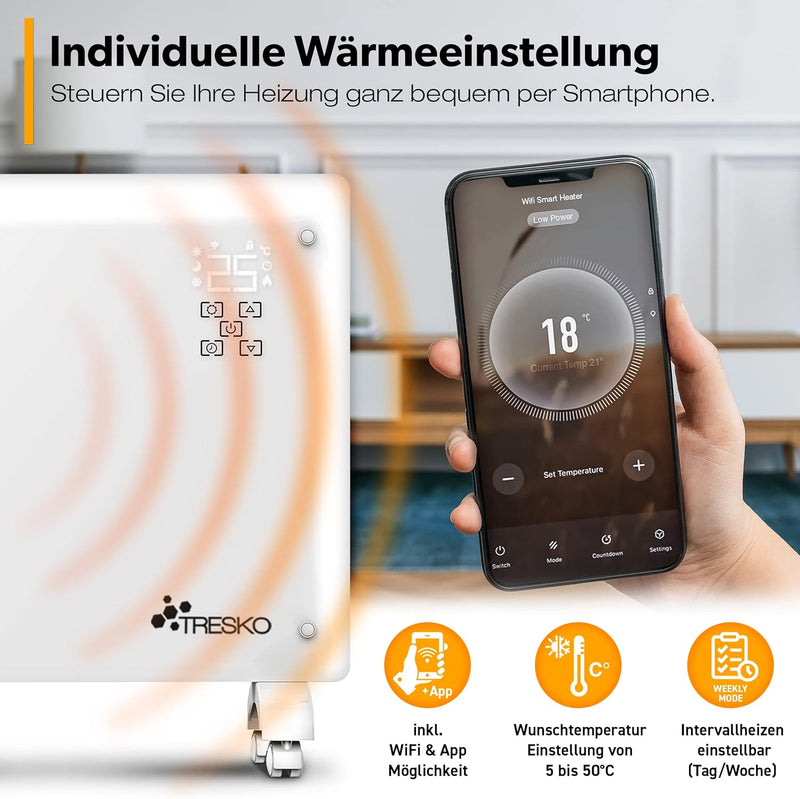 TRESKO® Glaskonvektor 1500W APP WiFi Funktion | Elektroheizung Glasheizung elektrisch | Konvektor He