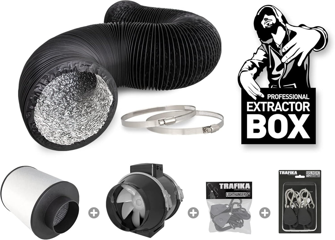 TRAFIKA Extractor KIT 100mm/250m3h KOHLEFILTER +ENTLÜFTER TT 100 (2 Geschwindigkeiten) + 5M COMBIDUC