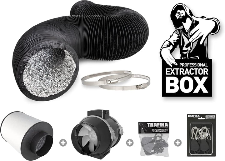 TRAFIKA Extractor KIT 100mm/250m3h KOHLEFILTER +ENTLÜFTER TT 100 (2 Geschwindigkeiten) + 5M COMBIDUC