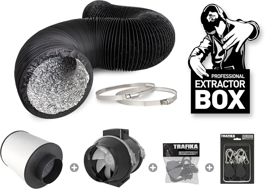 TRAFIKA Extractor KIT 100mm/250m3h KOHLEFILTER +ENTLÜFTER TT 100 (2 Geschwindigkeiten) + 5M COMBIDUC