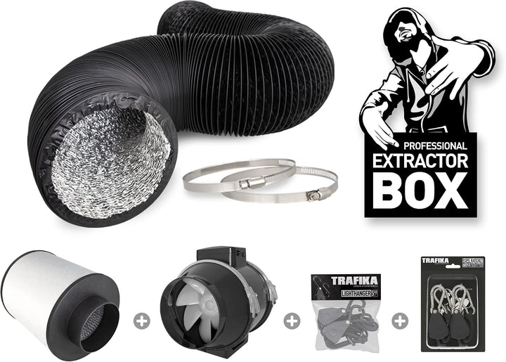 TRAFIKA Extractor KIT 100mm/250m3h KOHLEFILTER +ENTLÜFTER TT 100 (2 Geschwindigkeiten) + 5M COMBIDUC
