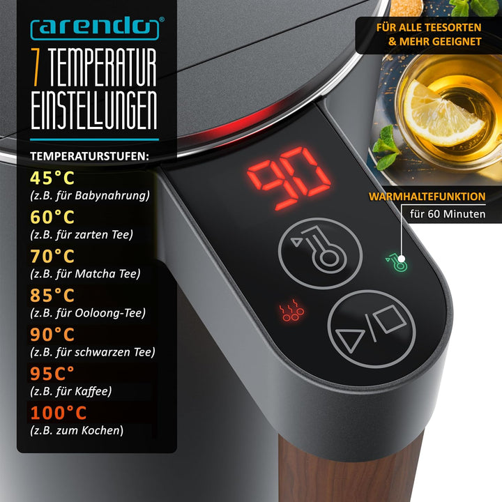 Arendo - Wasserkocher Toaster SET - Edelstahl - Wasserkocher mit Temrpatureinstellung - 45-100 Grad