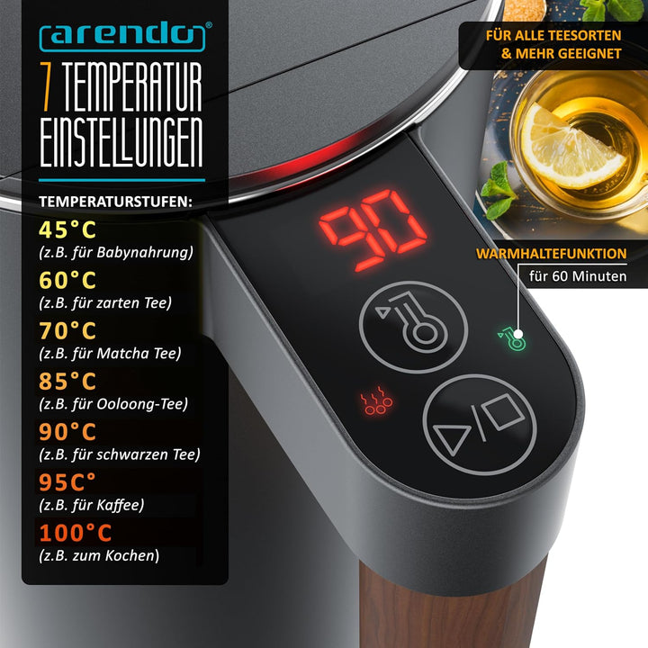Arendo - Wasserkocher Edelstahl mit Temperatureinstellung - 45°C-100°C - 1.5 Liter - Doppelwand - BP