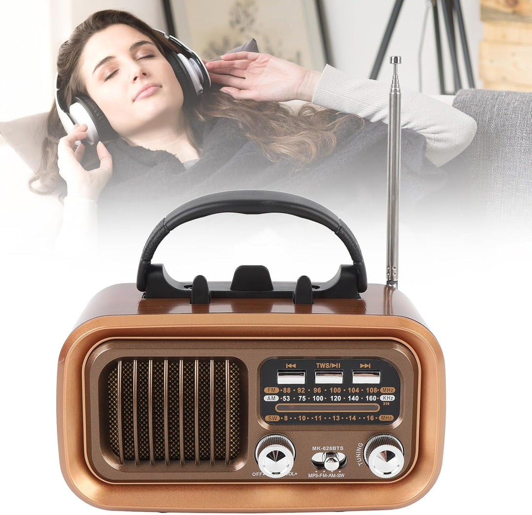 Retro Vintage Radio mit Bluetooth Lautsprecher, Tragbarer Kleiner Vintage AM FM Radio, Solar Batteri