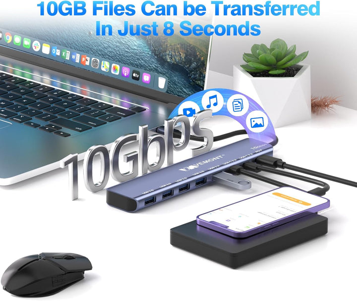 USB C Hub 10Gbps,VEMONT 7 in 1 Aluminium USB 3.1/3.2 Hub mit 2 USBC 3.2 & USBA 3.2 & 4 USBA 3.0 Port