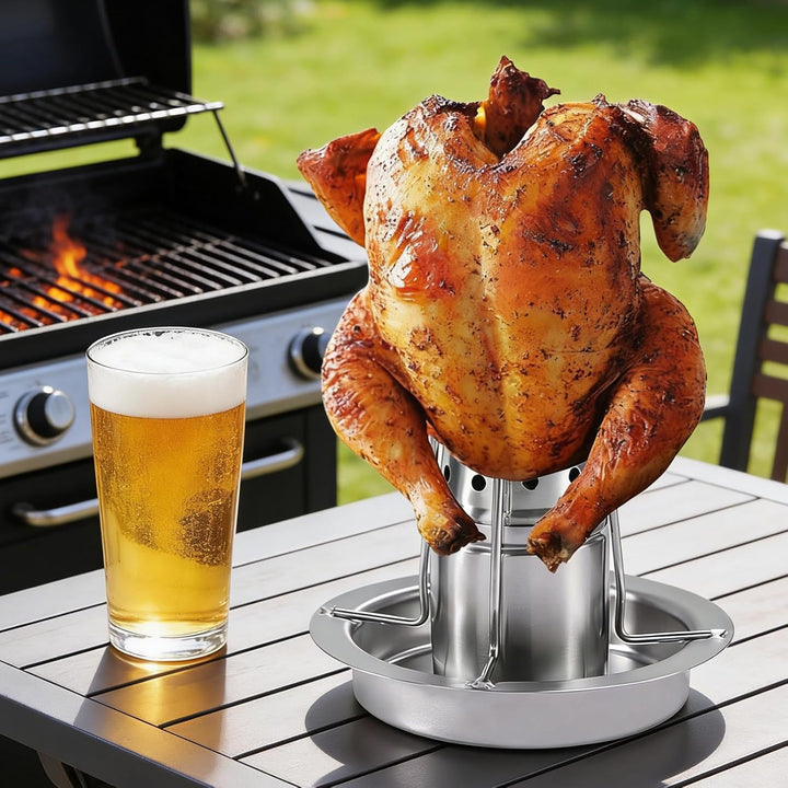 Hähnchenbräter, Edelstahl Hähnchengrill Bierdosen Hähnchenhalte mit Abtropfschale, Hähnchenhalter Ge