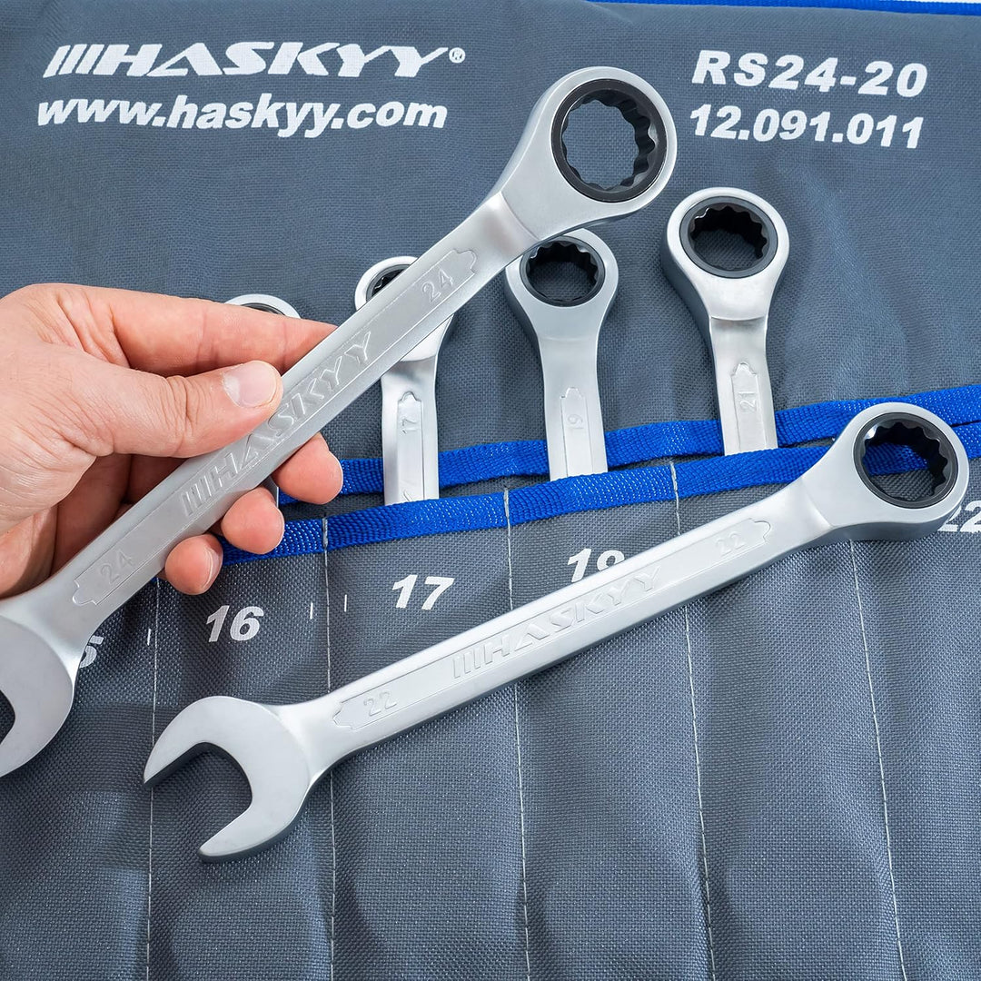 HASKYY 14-Tlg Ratschenschlüssel-Set I 8-24mm Gabelschlüssel Ratschen-Schlüssel-Satz Maulschlüssel