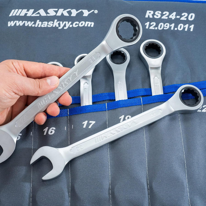 HASKYY 14-Tlg Ratschenschlüssel-Set I 8-24mm Gabelschlüssel Ratschen-Schlüssel-Satz Maulschlüssel