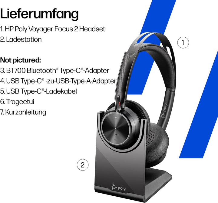 Poly Voyager Focus 2 USB-C Headset mit Ladestation und USB-C/A Adapter – Bluetooth, ANC, Acoustic Fe