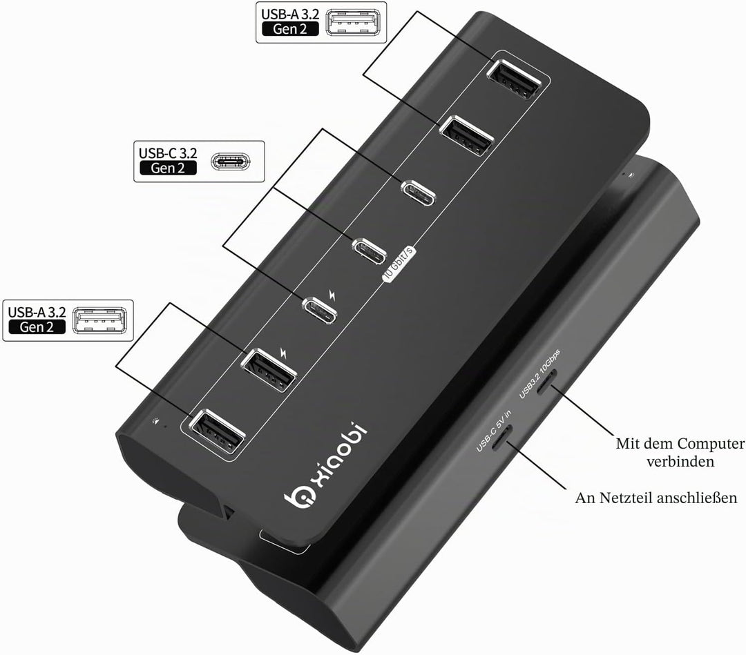 USB Hub mit Netzteil, 7 Port USB Hub 3.2 Gen 2, 10 Gbps USB Verteiler mit Netzteil 5V 3A Powered USB