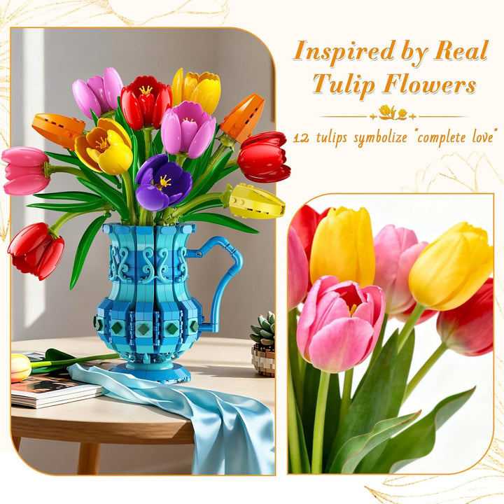 Blumenstrauss Bausatz mit Vase – Tulpen Blumen Bonsai Set für Erwachsene, Geschenk zum Valentinstag