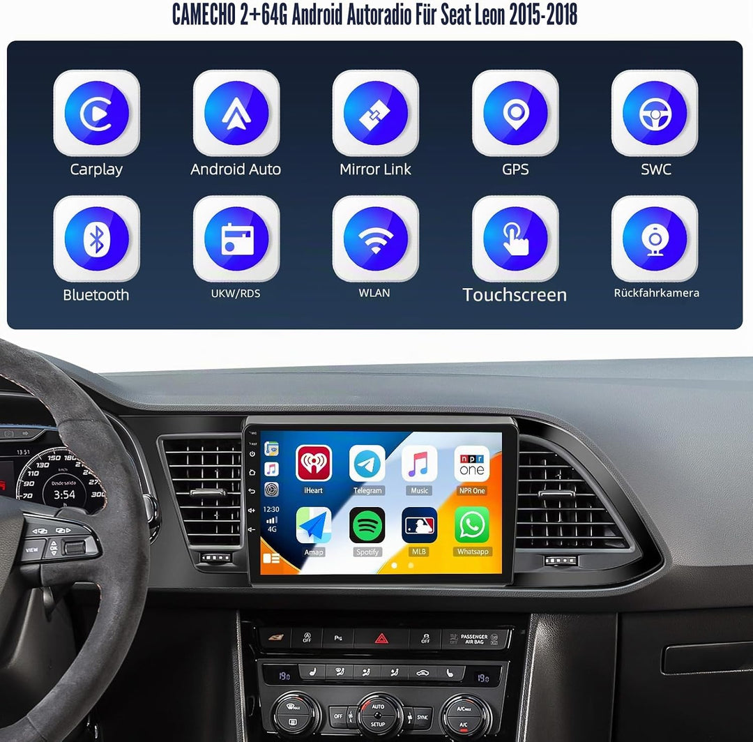 CAMECHO 2+64G 9 Zoll Navi Autoradio für Seat Leon 2015-2018 Android 13 mit Rückfahrkamera, GPS, WiFi