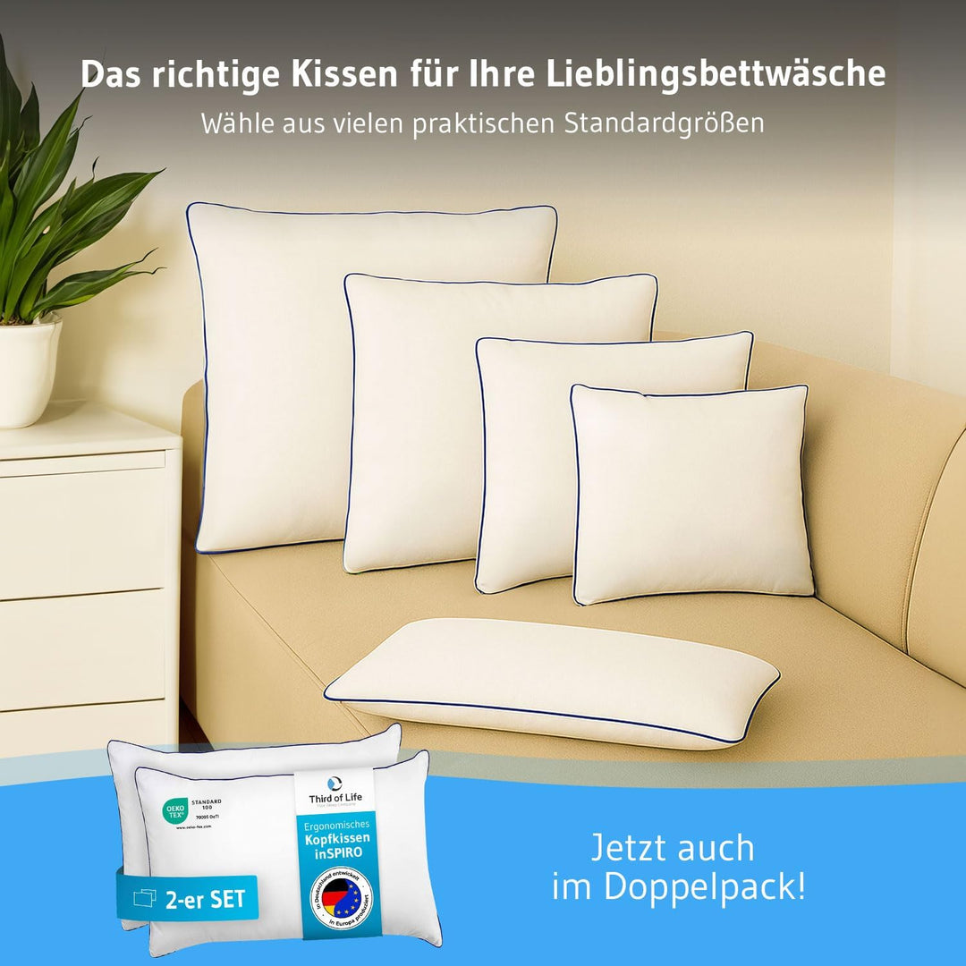 Kopfkissen 40x60 inSPIRO 2er Set, Orthopädisches Schlaf-Kissen vom Innovationspreisträger 2022, 40 x