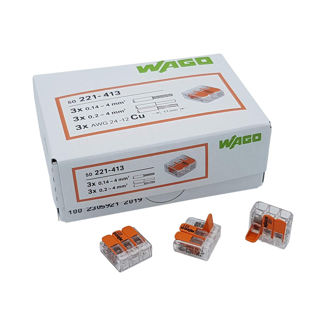 WAGO Plug-in terminal 3-way with lever for rigid (0.2-4 mm²) and flexible (0.14-4 mm²) wires to open