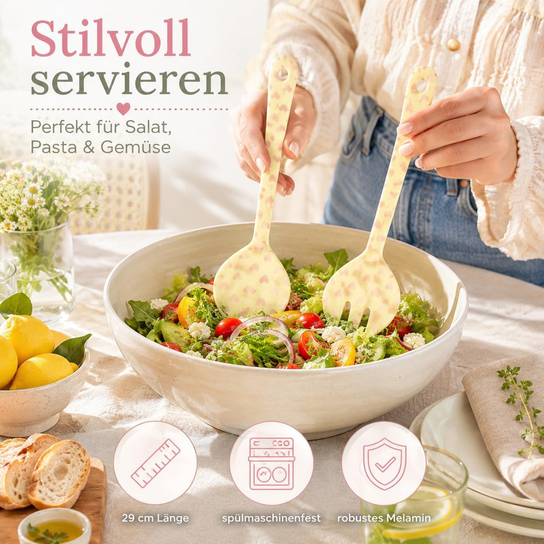 RICE Salatbesteck Melamin 2-teilig, creme rosa Herzmotiv, 29 cm | Salatlöffel &amp; Salatgabel, BPA-frei