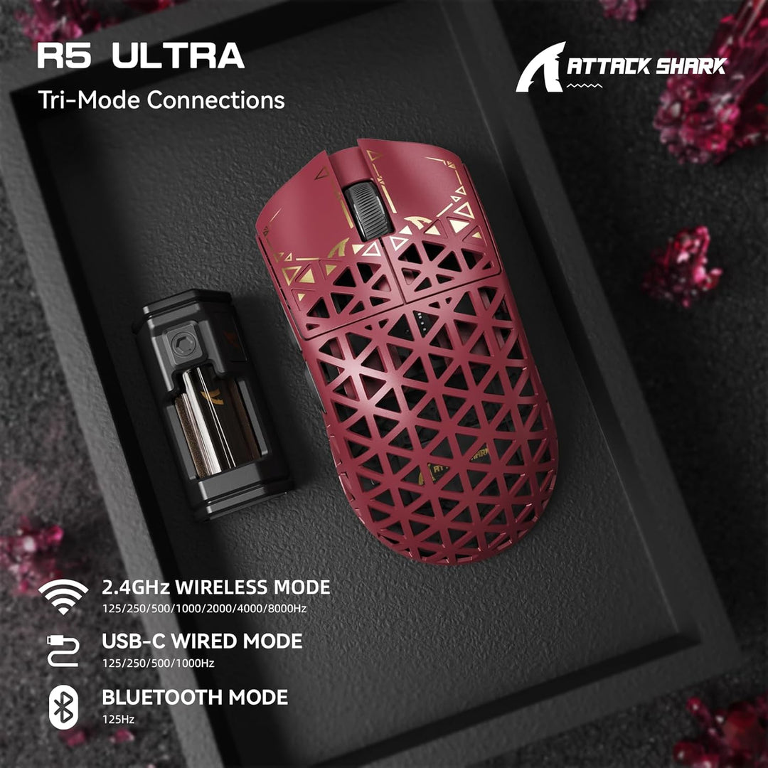 ATTACK SHARK R5 Ultra Carbonfaser HyperSpeed Kabellose Gaming-Maus, 39g ultraleichte Maus, 2,4G/BT/U