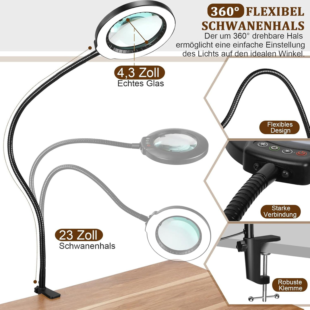 Veemagni 10X Lupe mit Licht und Klemme, Echtes Glas Lupenlampe, 5 Farbmodi Stufenlos Dimmbare, 23 Zo