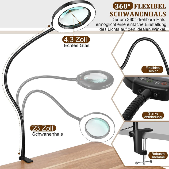 Veemagni 10X Lupe mit Licht und Klemme, Echtes Glas Lupenlampe, 5 Farbmodi Stufenlos Dimmbare, 23 Zo