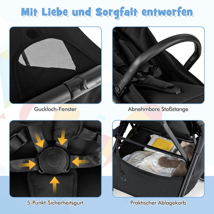 COSTWAY Kinderwagen klappbar, Reisebuggy mit Liegefunktion, Kinderbuggy tragbar mit verstellbarer Rü